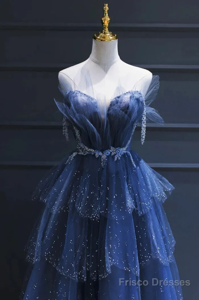 A Line Royal Blue Tulle Beaded Long Senior Prom Dress