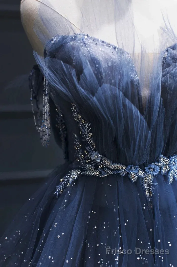 A Line Royal Blue Tulle Beaded Long Senior Prom Dress