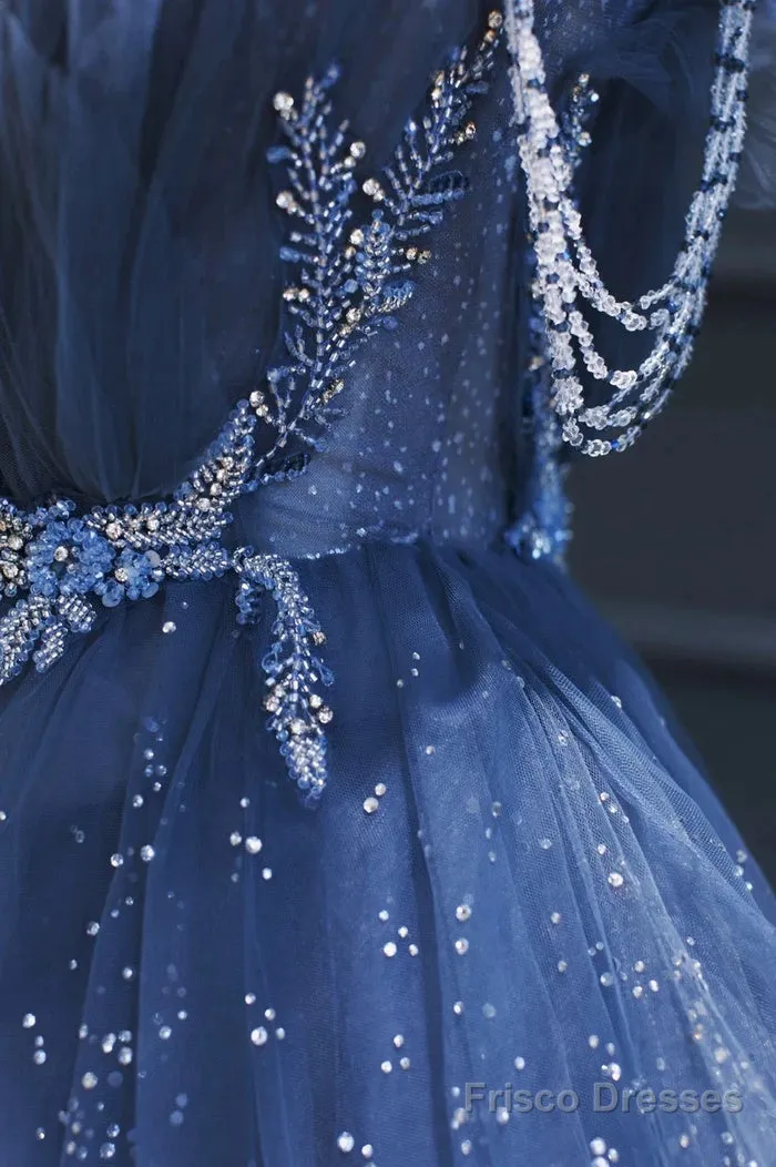 A Line Royal Blue Tulle Beaded Long Senior Prom Dress