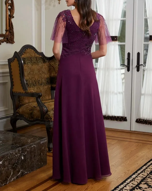 A-Line V-Neck Mother of the Bride Dress Beaded Tulle Evening Dresses Wedding Guest Party Dresses