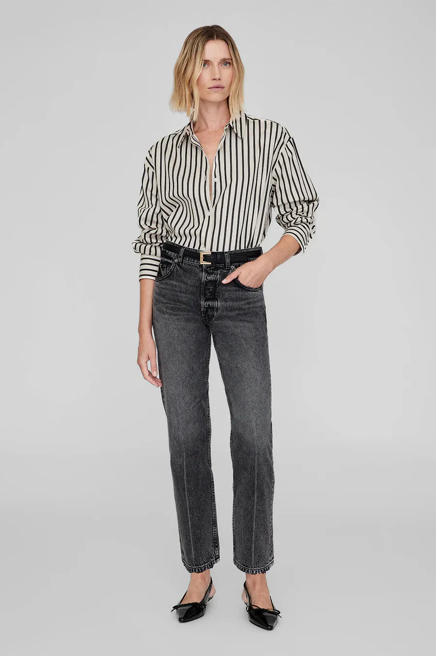 Anine Bing Plaza Shirt in Black and Tan Stripe