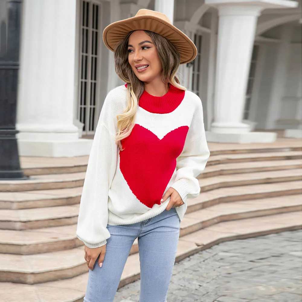 Big Heart Valentine's Day Peach Heart Sweater Crew Neck Knit Pullover Sweater Wholesale Womens Clothing N3824080900034
