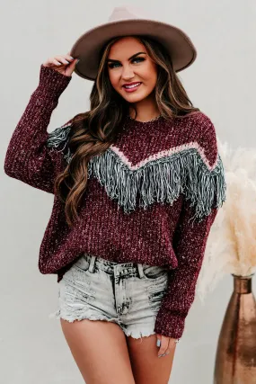 Fireside Feels Chunky Knit Fringe Sweater (Wine)
