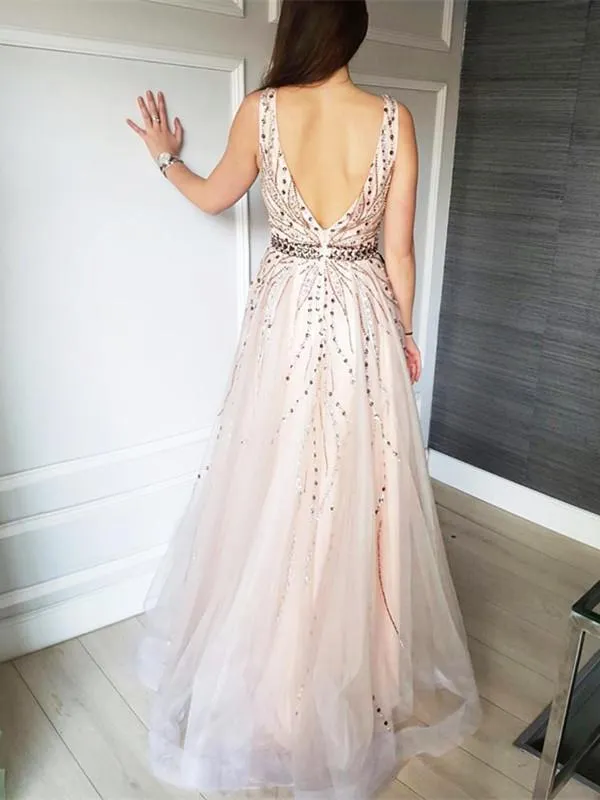 Gorgeous Tulle V-neck Neckline A-line Prom Dresses With Beadings PD235