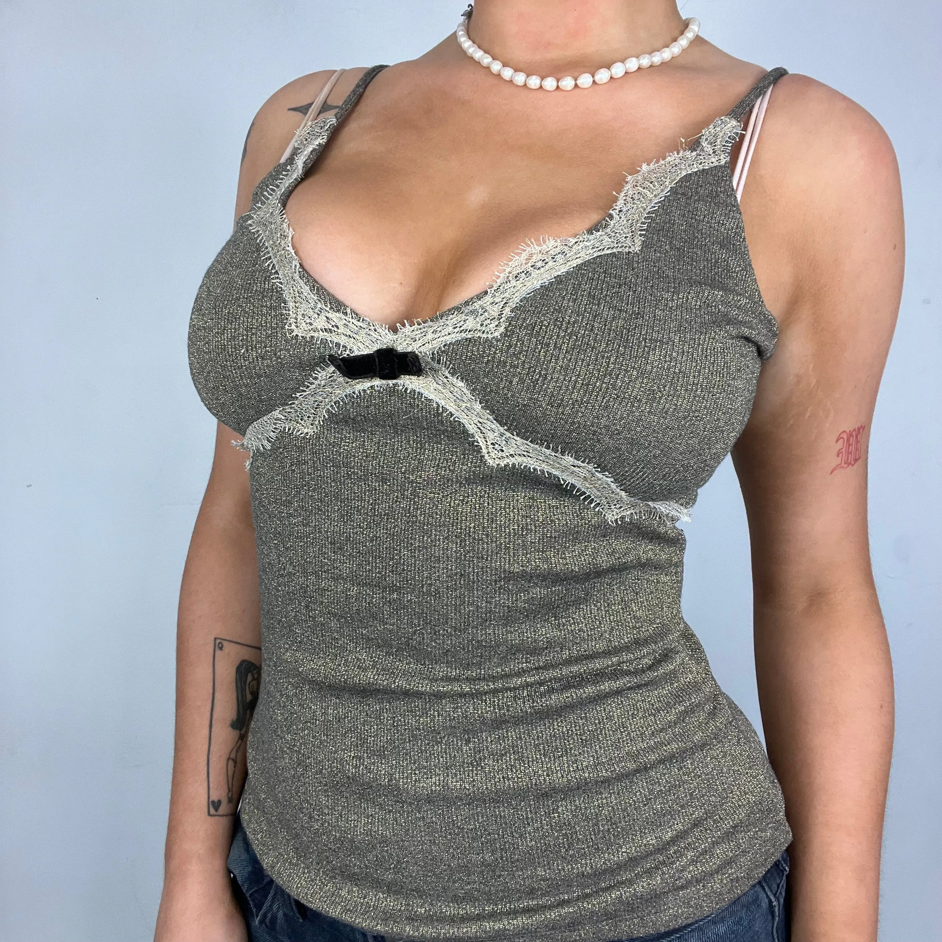 Khaki Shimmer Lace Trim Cami Top (S)