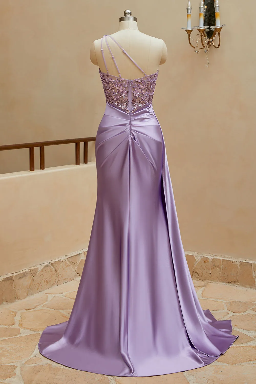 Mermaid Satin One Shoulder Beaded Prom Dresses Sweep Train Sexy Evening Dresses