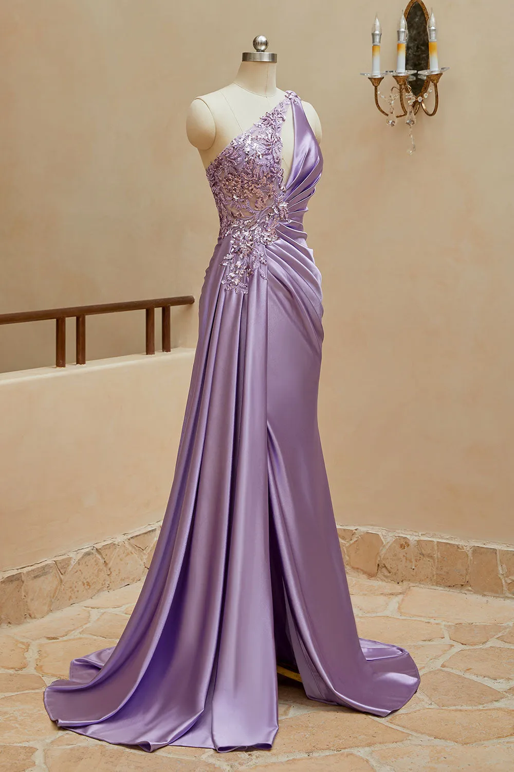 Mermaid Satin One Shoulder Beaded Prom Dresses Sweep Train Sexy Evening Dresses
