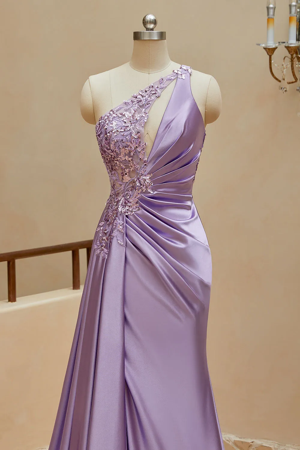 Mermaid Satin One Shoulder Beaded Prom Dresses Sweep Train Sexy Evening Dresses