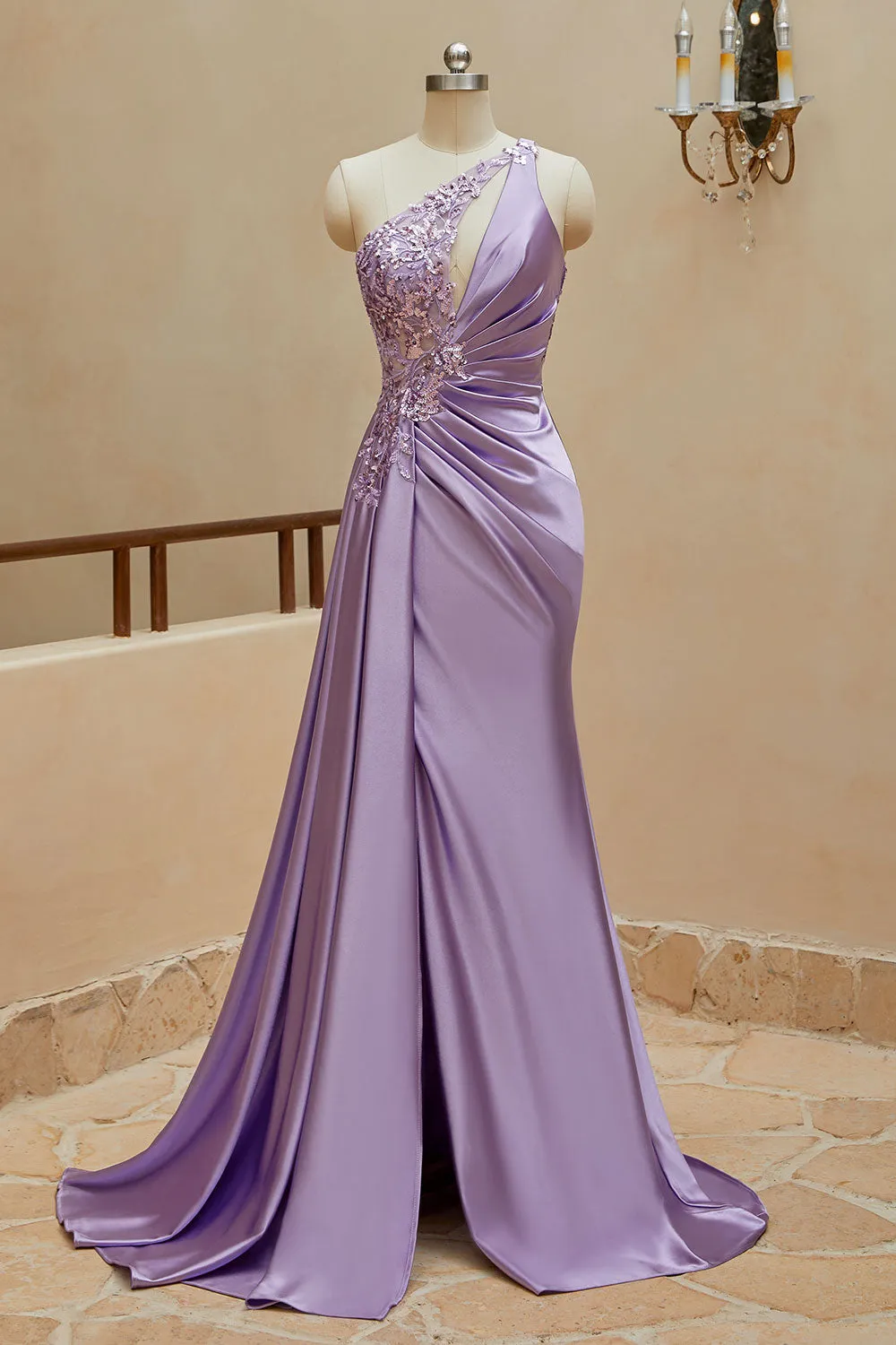 Mermaid Satin One Shoulder Beaded Prom Dresses Sweep Train Sexy Evening Dresses