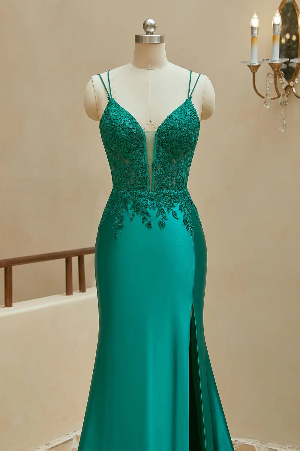 Mermaid Spaghetti Straps Satin Slit Prom Dresses With Beaded Sexy Evening Dresses