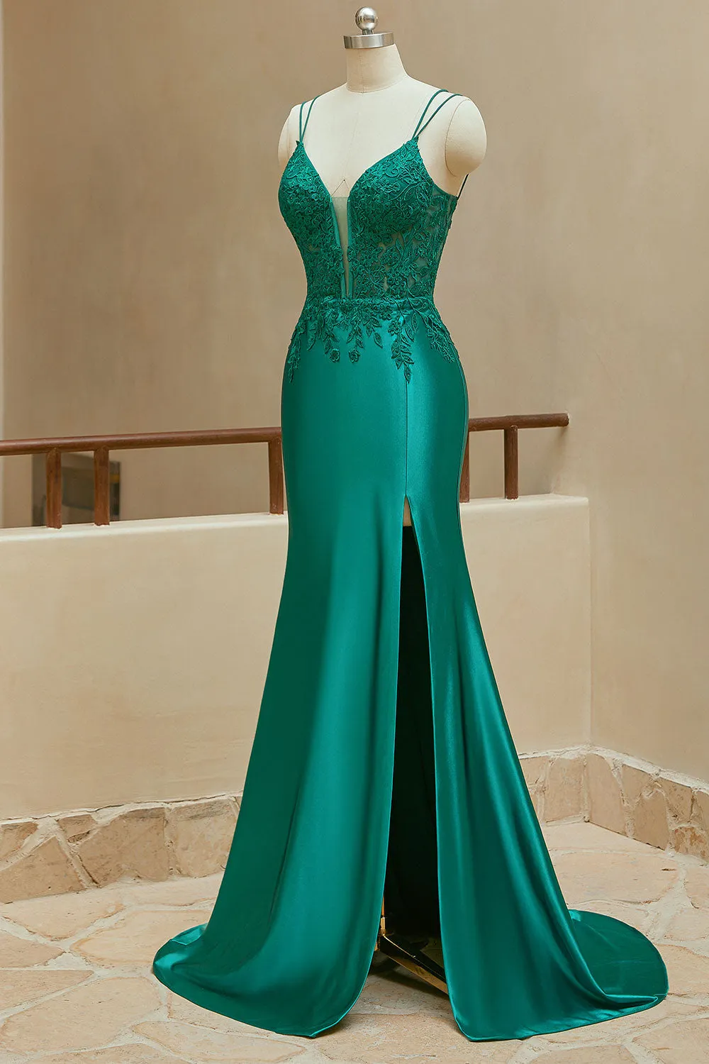 Mermaid Spaghetti Straps Satin Slit Prom Dresses With Beaded Sexy Evening Dresses