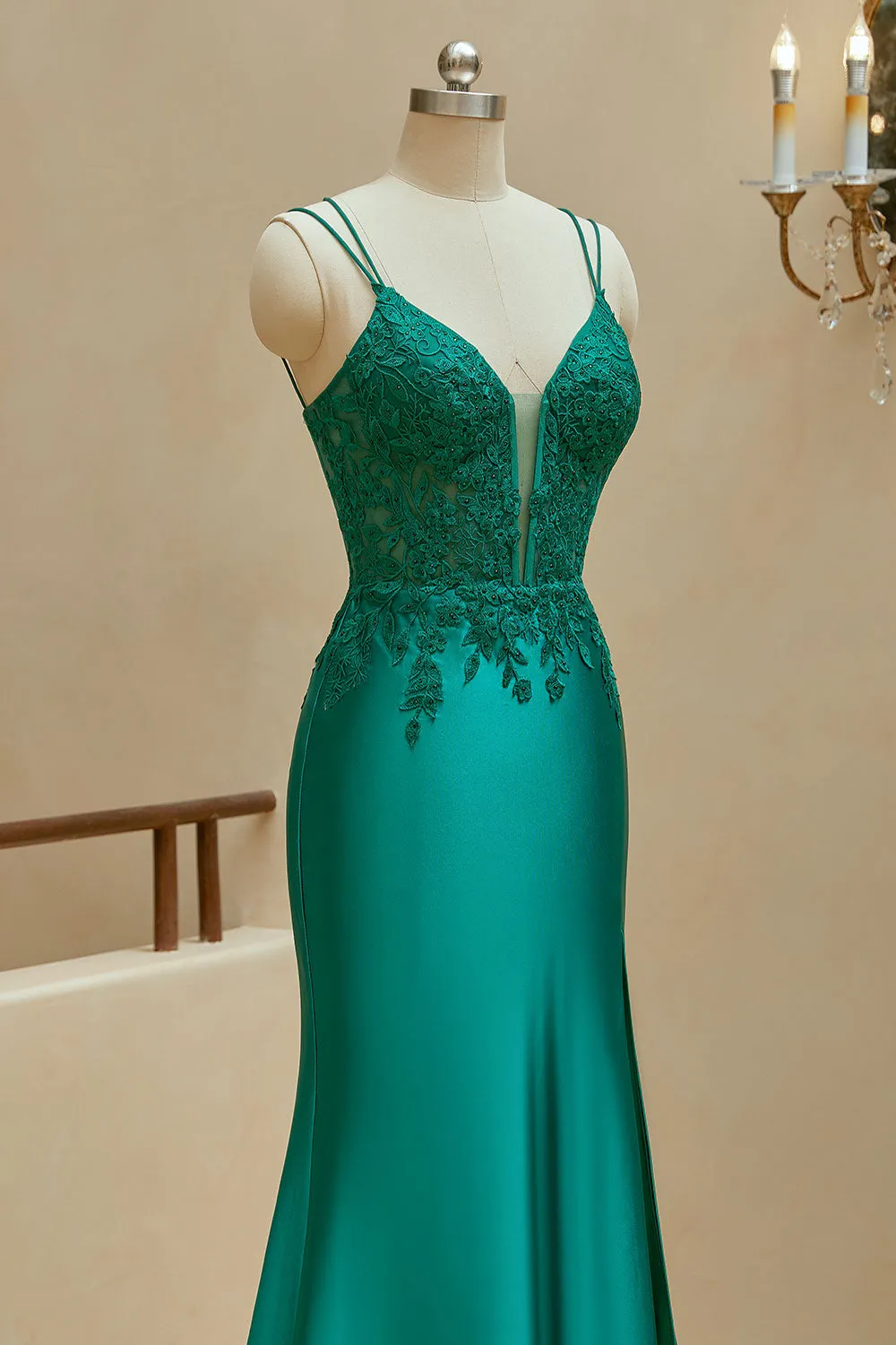 Mermaid Spaghetti Straps Satin Slit Prom Dresses With Beaded Sexy Evening Dresses
