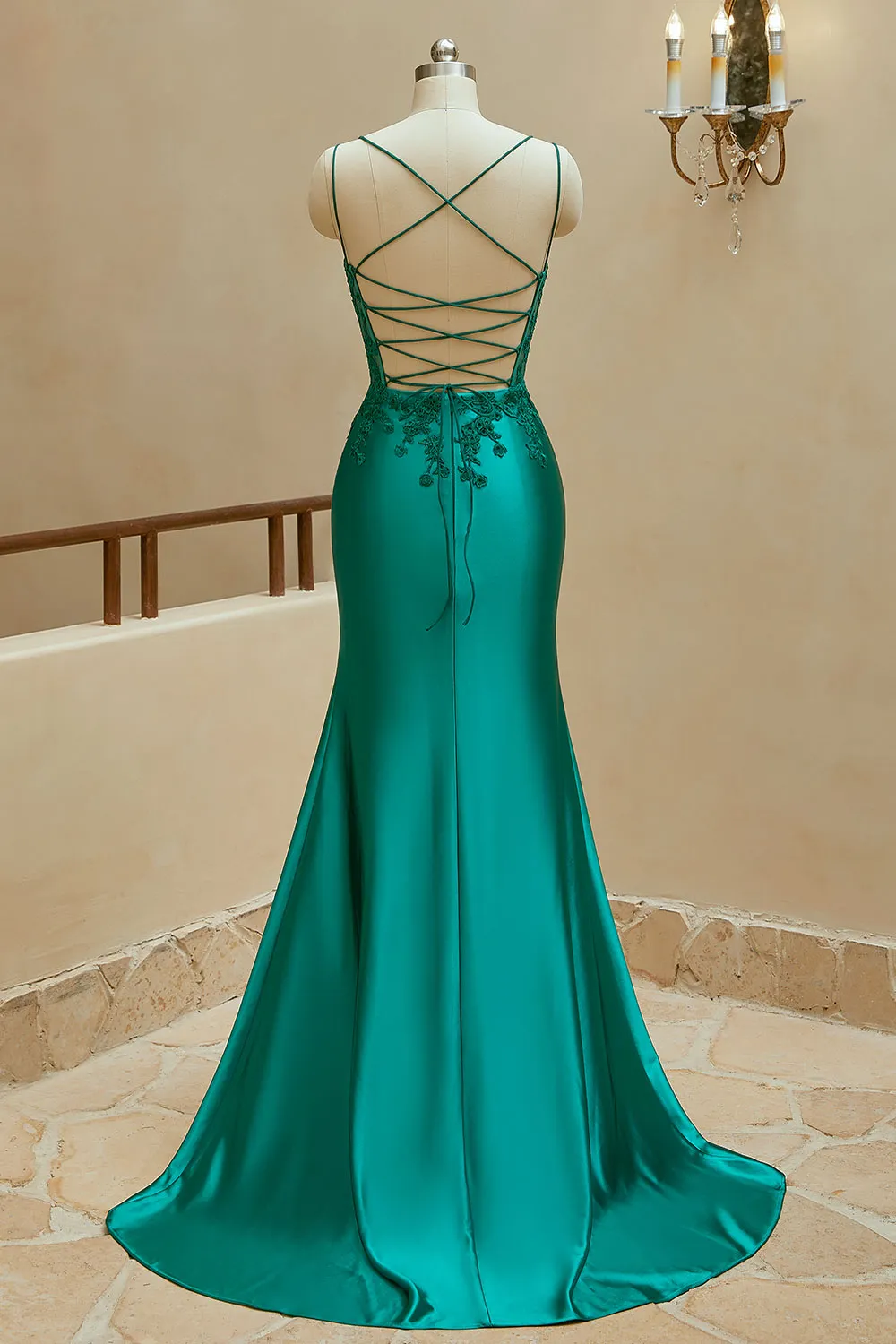 Mermaid Spaghetti Straps Satin Slit Prom Dresses With Beaded Sexy Evening Dresses