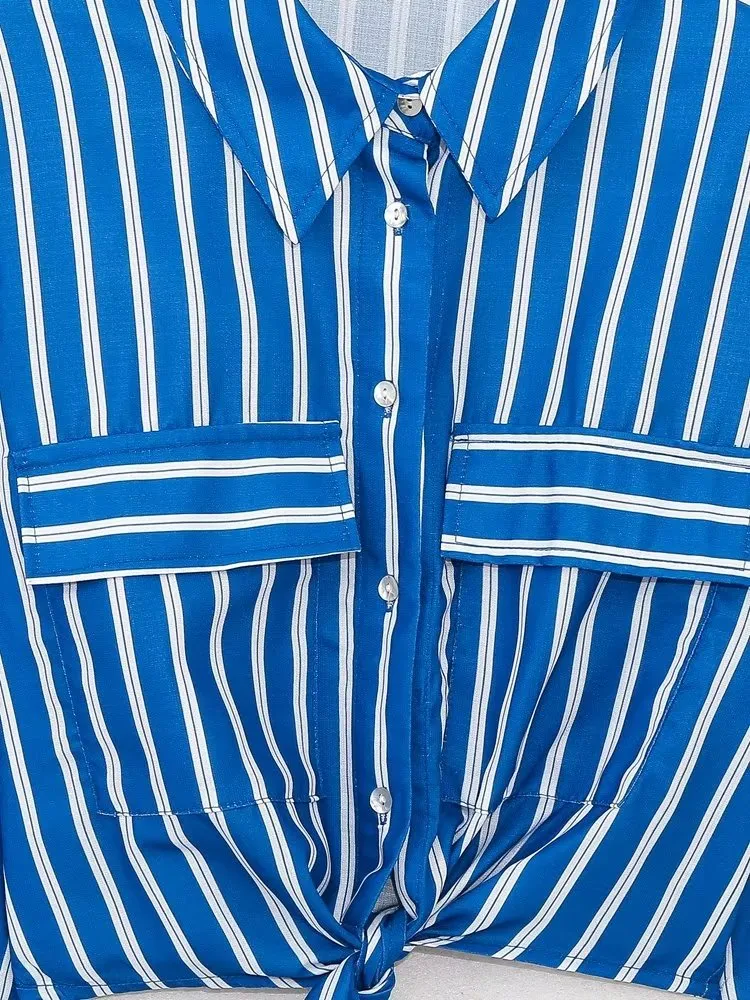 Summer Wind Women  Long Sleeve Bow Tie Striped Shirt