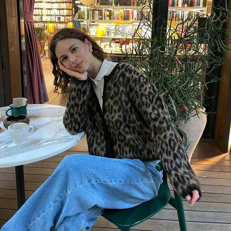 TAVIMART  -  Vintage Leopard Print Knitted Mohair Cardigans Women O Neck Single Breasted Short Sweater Autumn New Lady Casual Streetwear