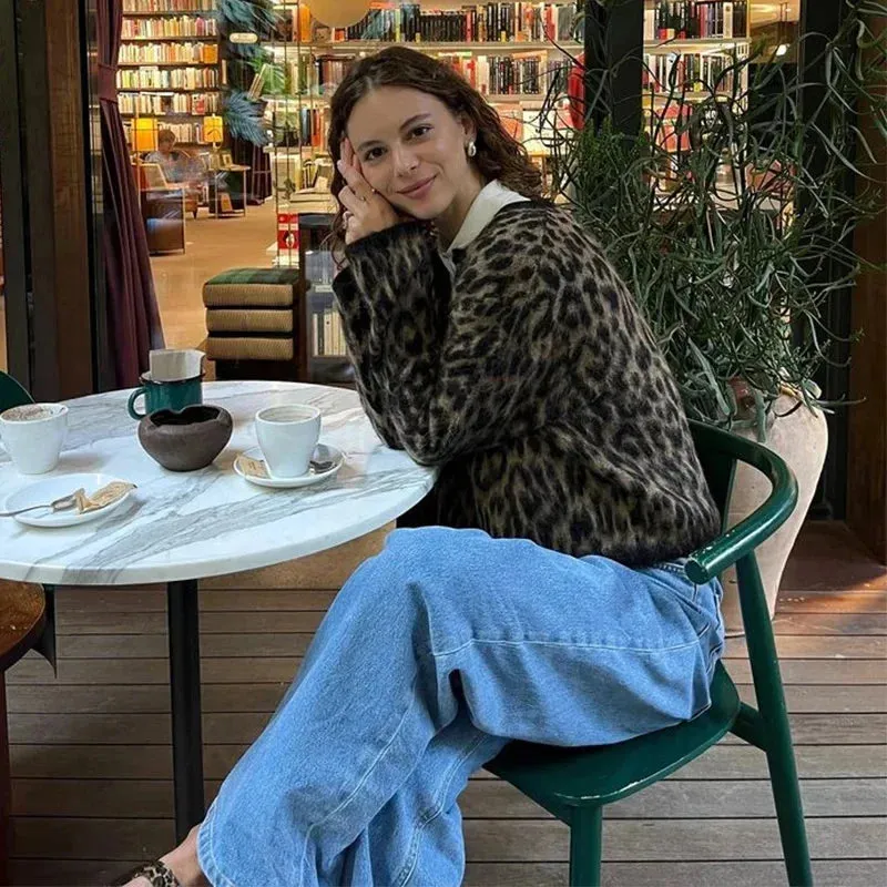 TAVIMART  -  Vintage Leopard Print Knitted Mohair Cardigans Women O Neck Single Breasted Short Sweater Autumn New Lady Casual Streetwear