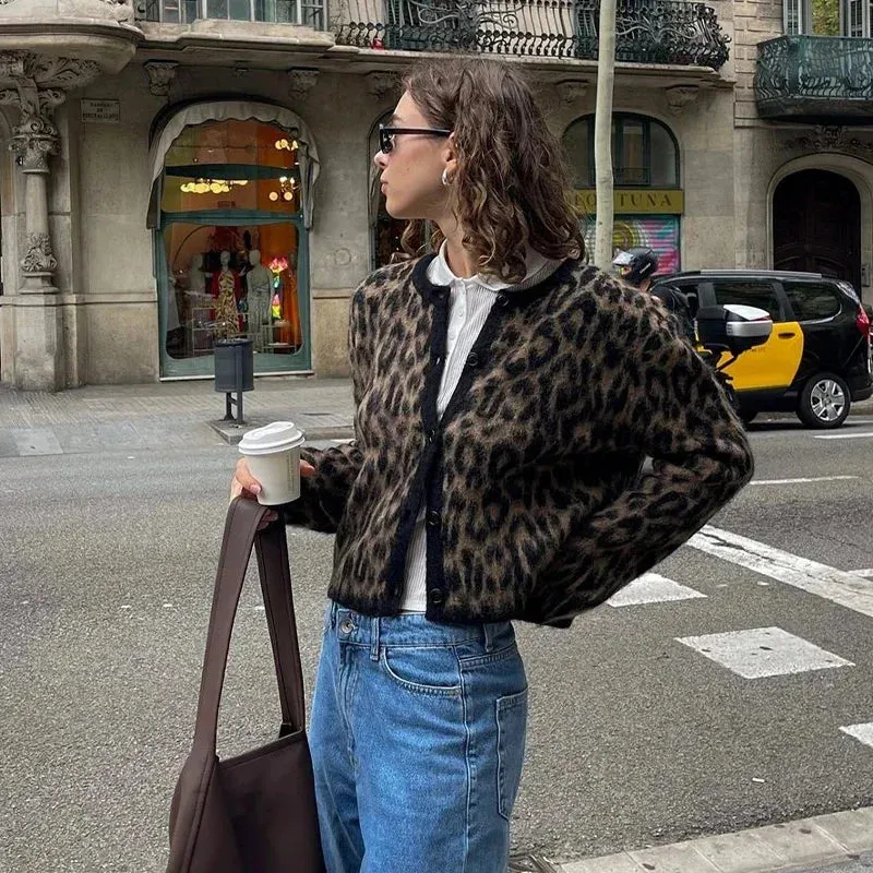 TAVIMART  -  Vintage Leopard Print Knitted Mohair Cardigans Women O Neck Single Breasted Short Sweater Autumn New Lady Casual Streetwear