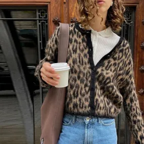 TAVIMART  -  Vintage Leopard Print Knitted Mohair Cardigans Women O Neck Single Breasted Short Sweater Autumn New Lady Casual Streetwear