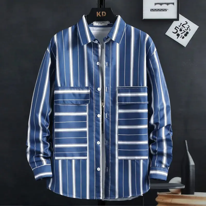 Thin Spring Summer Autumn Men's Clothing Button Turn-down Collar Striped Man Fashion Casual Loose Office Handsome Pockets Shirts