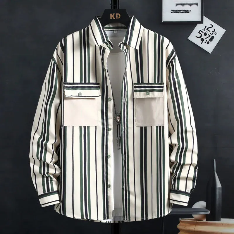 Thin Spring Summer Autumn Men's Clothing Button Turn-down Collar Striped Man Fashion Casual Loose Office Handsome Pockets Shirts