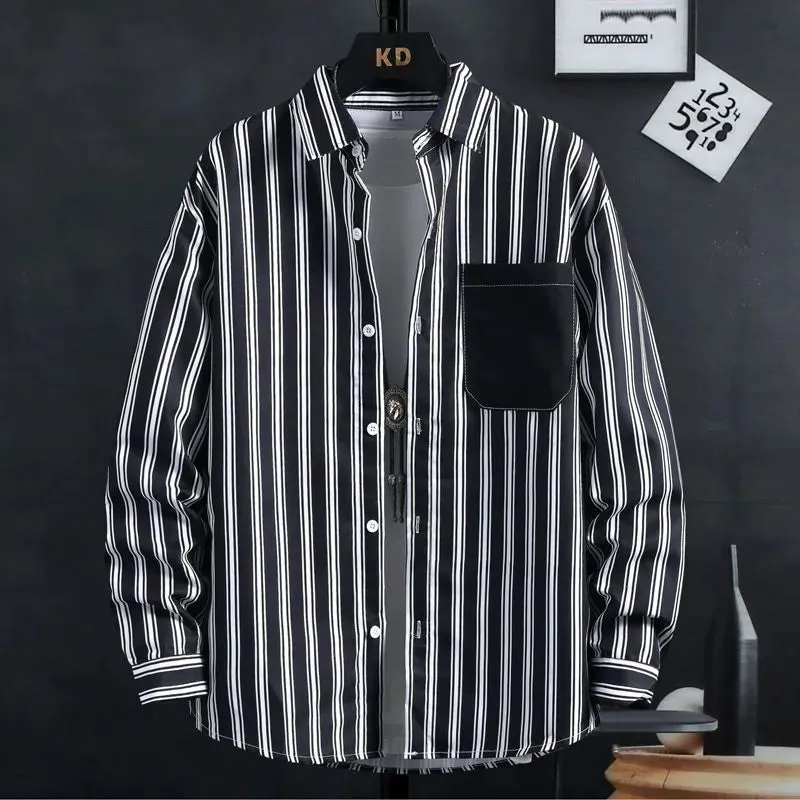 Thin Spring Summer Autumn Men's Clothing Button Turn-down Collar Striped Man Fashion Casual Loose Office Handsome Pockets Shirts