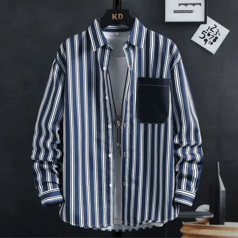 Thin Spring Summer Autumn Men's Clothing Button Turn-down Collar Striped Man Fashion Casual Loose Office Handsome Pockets Shirts