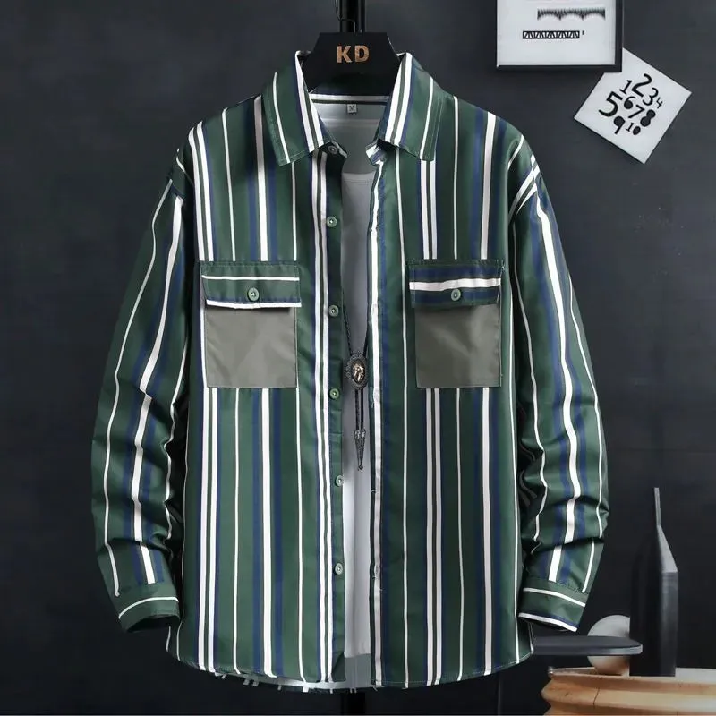 Thin Spring Summer Autumn Men's Clothing Button Turn-down Collar Striped Man Fashion Casual Loose Office Handsome Pockets Shirts