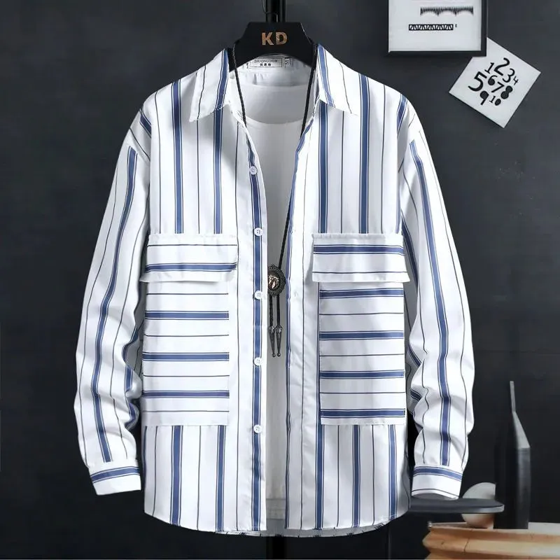 Thin Spring Summer Autumn Men's Clothing Button Turn-down Collar Striped Man Fashion Casual Loose Office Handsome Pockets Shirts